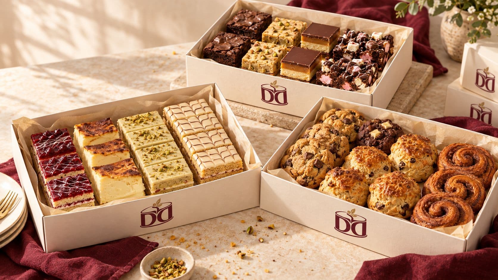 Assorted Diba Delights cakes, traybakes and pastries presented in bakery boxes.